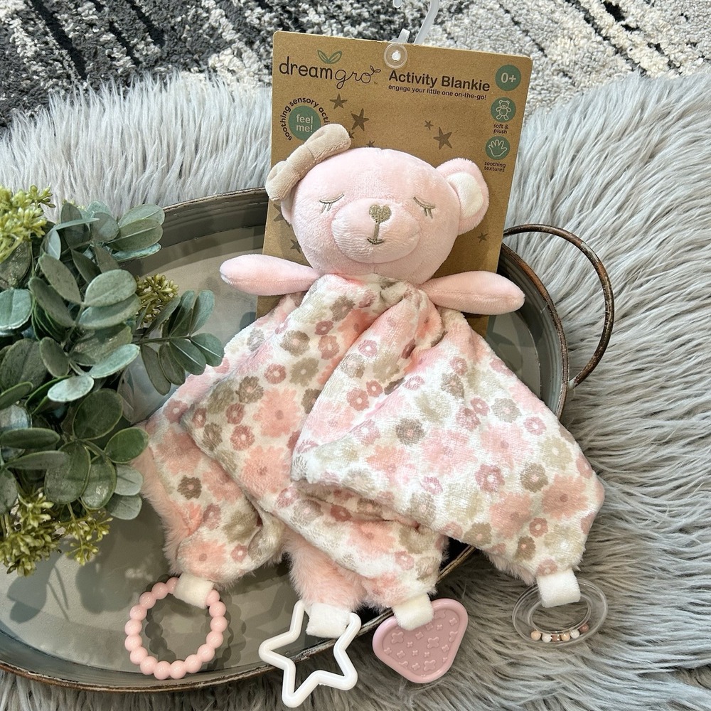 Dreamgro Pink Bear Activity Blankie Lovey Plush Security Blanket Rattle Teether